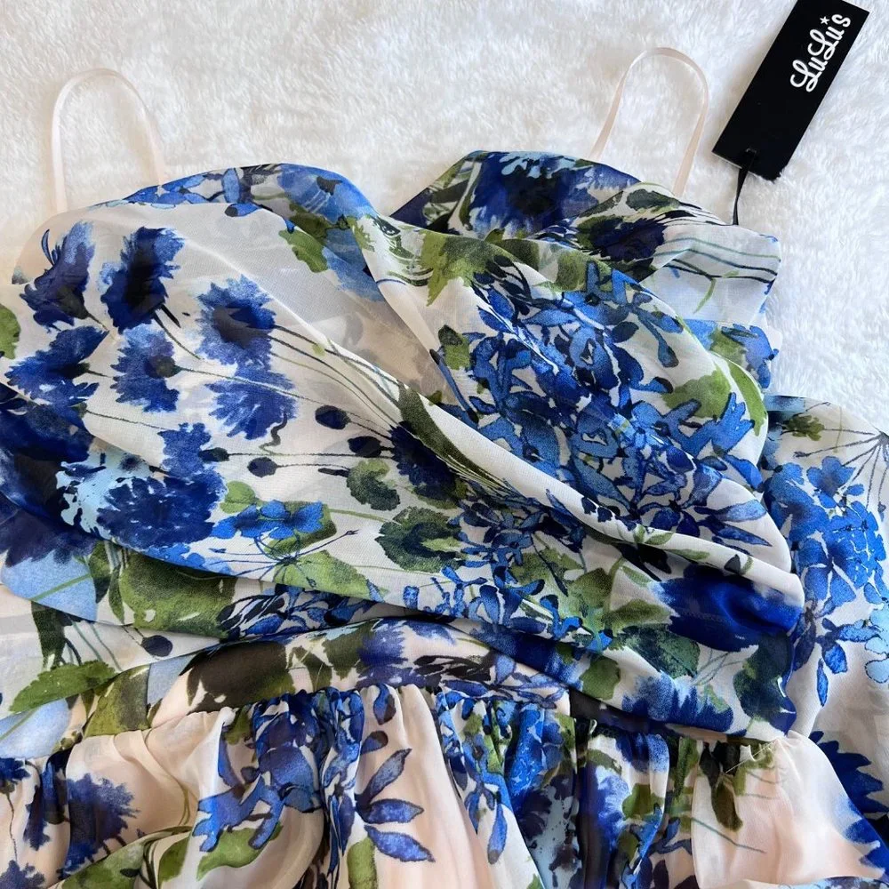 Lulus cream blue sweet‎ symphony cocktail dress size S